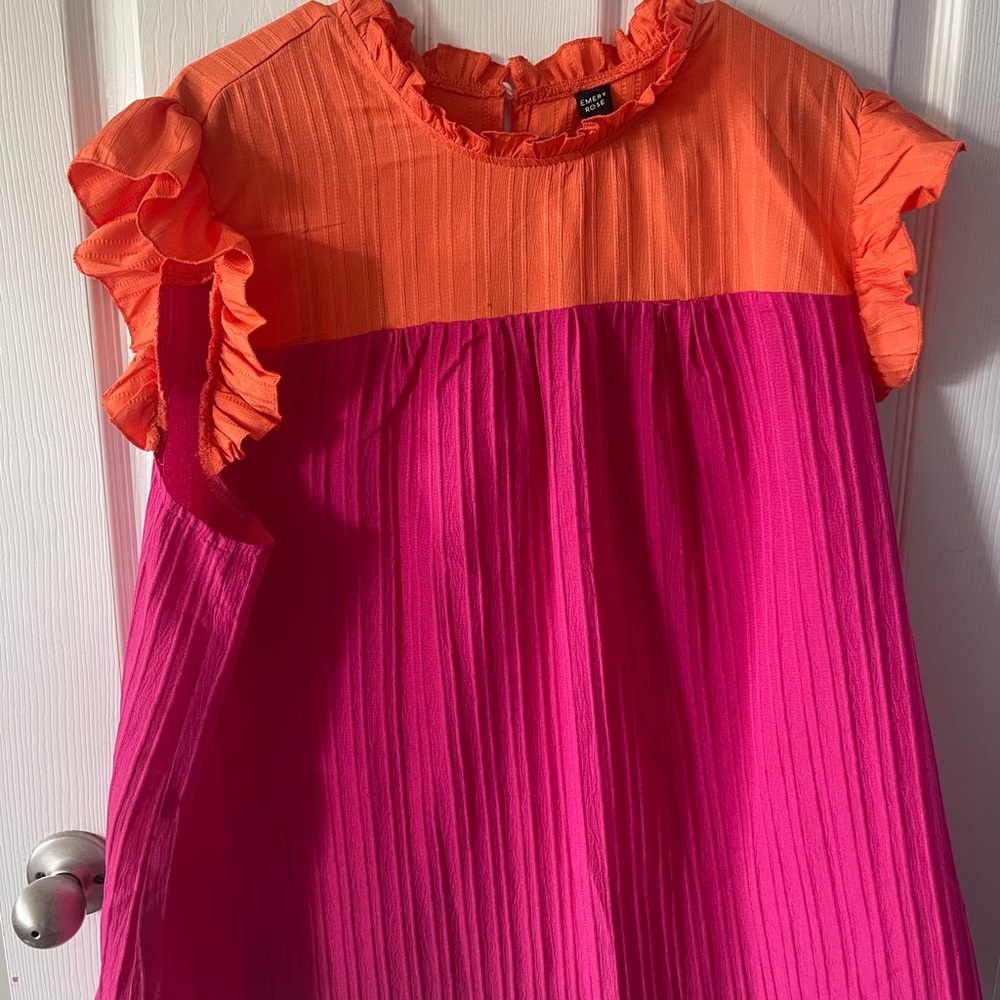 Orange and Pink Cap Sleeve Pleated Blouse